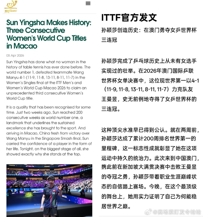 沙巴体育官网入口-孙颖莎澳门世界杯三连冠创女乒历史|王曼昱|女乒世界杯|国际乒联|澳门国际乒联世界杯|ITTF_新浪体育_新浪新闻